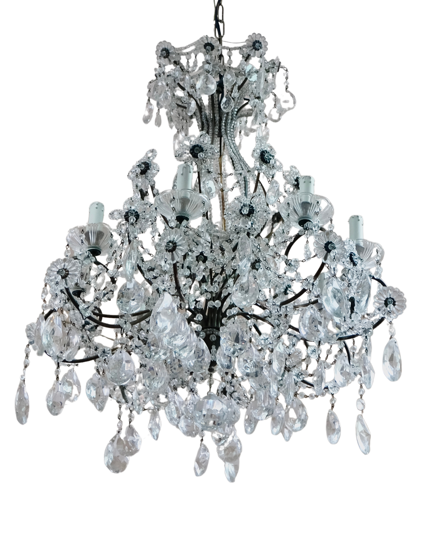 ITALIAN FLORENTINE CRYSTAL CHANDELIER w. BRONZE SUB FRAME & ROSETTES