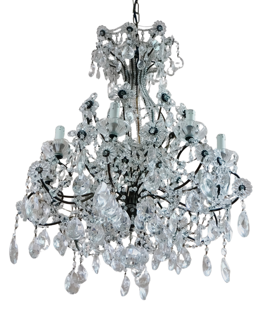ITALIAN FLORENTINE CRYSTAL CHANDELIER w. BRONZE SUB FRAME & ROSETTES