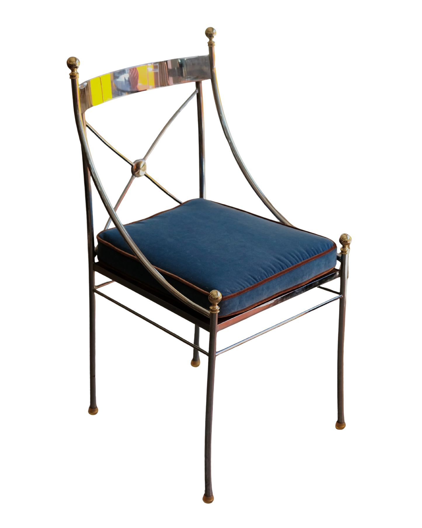 TRIO OF CHROME CROSS BACK DINING CHAIRS w. BRASS DETAIL