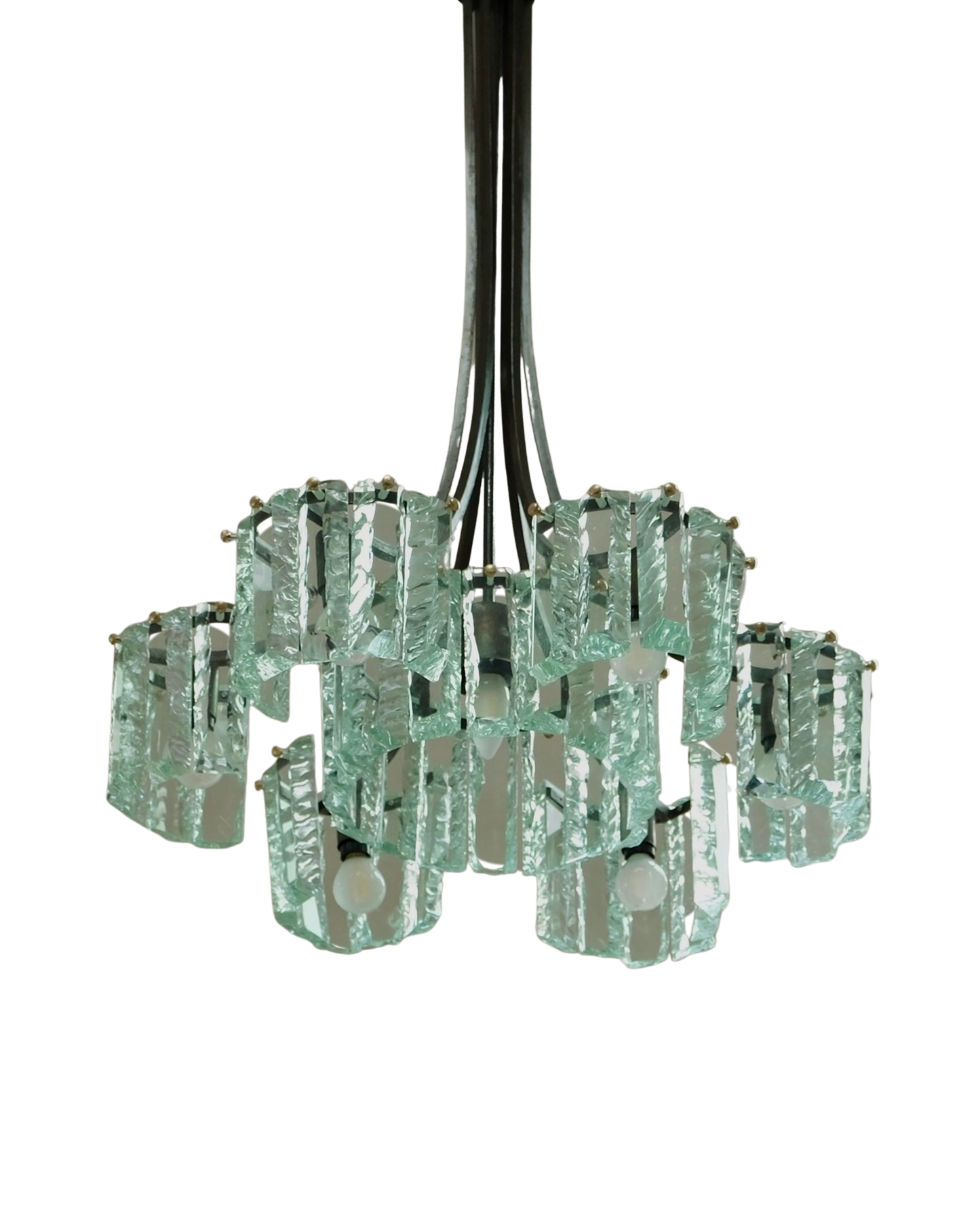 FONTANA ARTE SIX ARM PENDANT w. HAND CARVED GLASS SHADES
