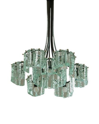FONTANA ARTE SIX ARM PENDANT w. HAND CARVED GLASS SHADES