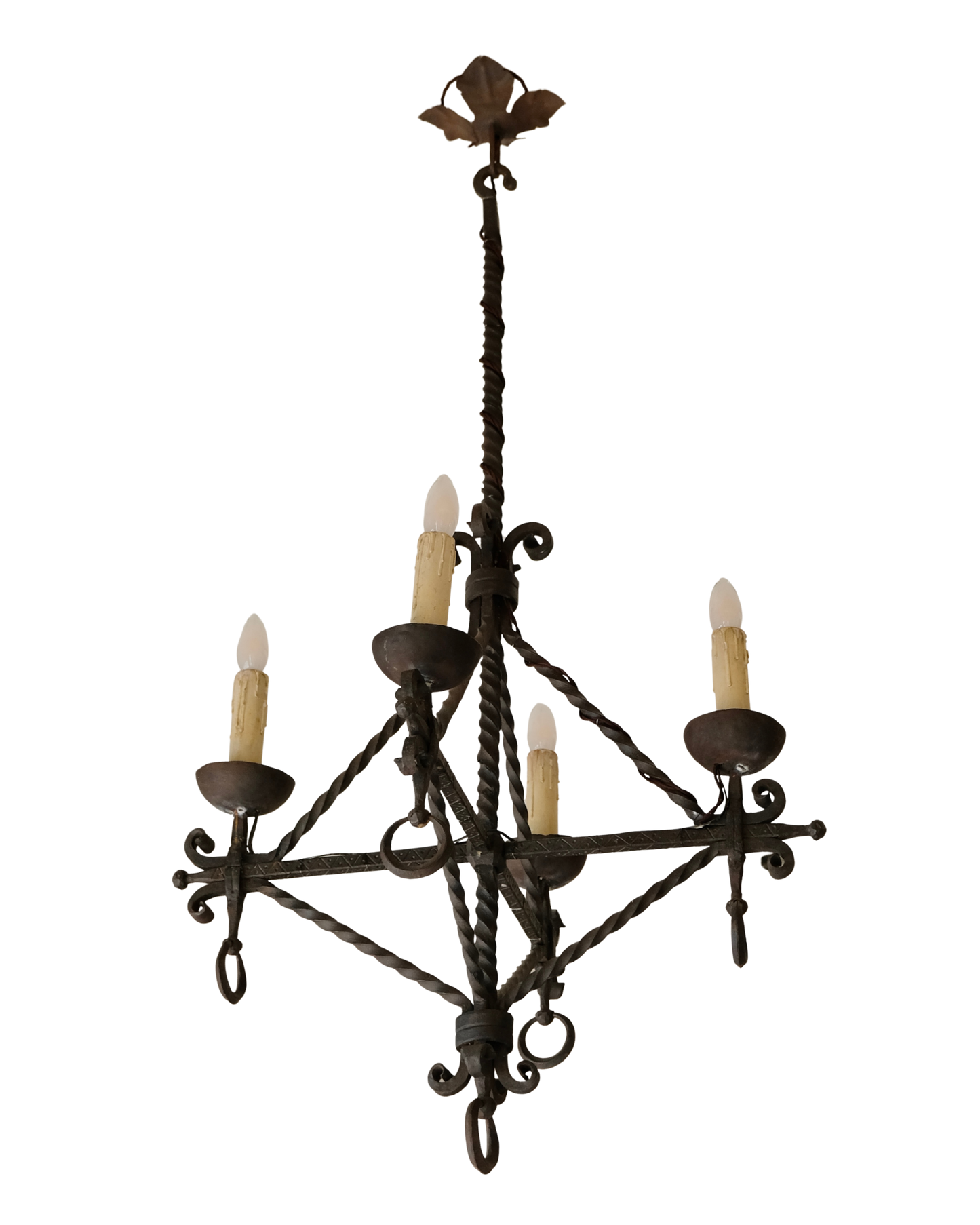 WROUGHT IRON FOUR ARMED PENDANT w. ETCH PATTERN DETAIL