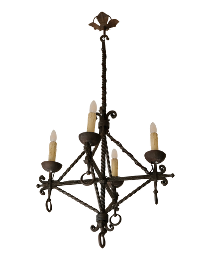 WROUGHT IRON FOUR ARMED PENDANT w. ETCH PATTERN DETAIL
