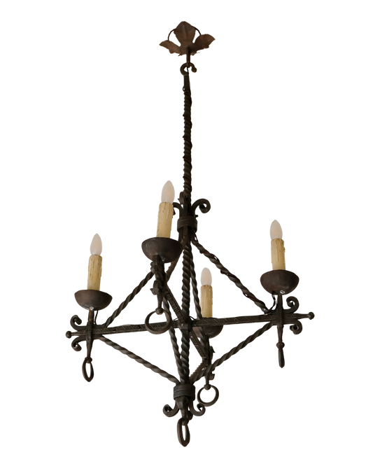 WROUGHT IRON FOUR ARMED PENDANT w. ETCH PATTERN DETAIL
