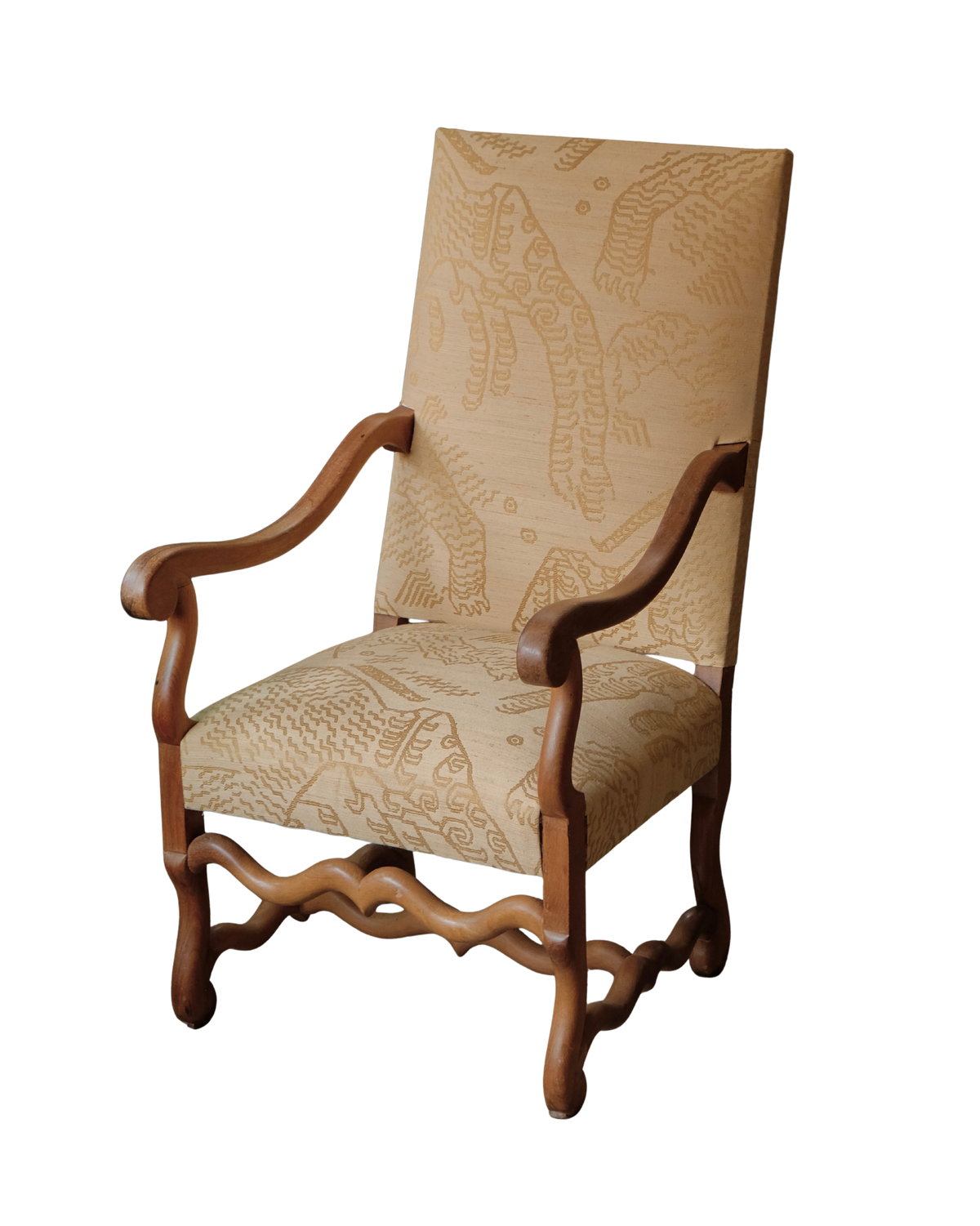 HAND CARVED BAROQUE ARMCHAIRS w. TIGER SILK UPHOLSTERY
