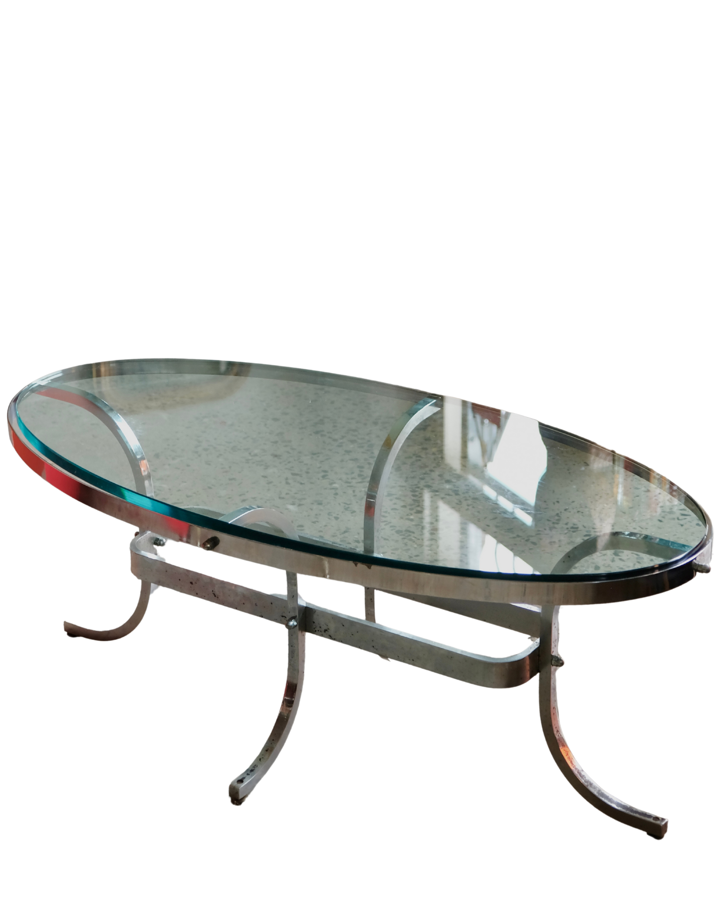BENT CHROME AND GLASS OVAL COFFEE TABLE