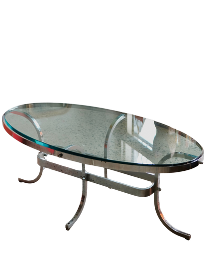 BENT CHROME AND GLASS OVAL COFFEE TABLE