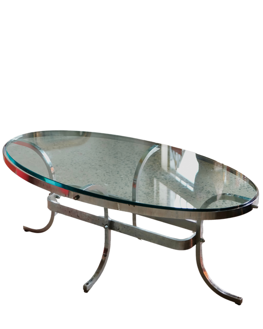 BENT CHROME AND GLASS OVAL COFFEE TABLE