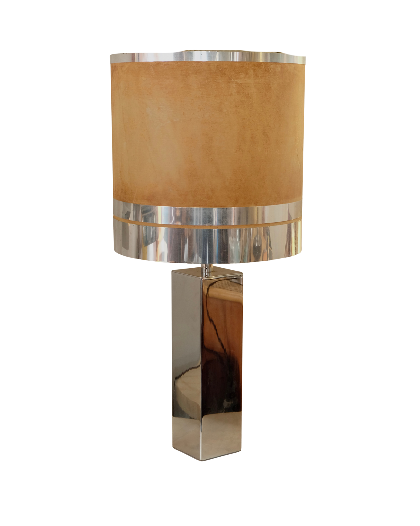 CHROME PILLAR TABLE LAMP w. BANDED AGED SHADE