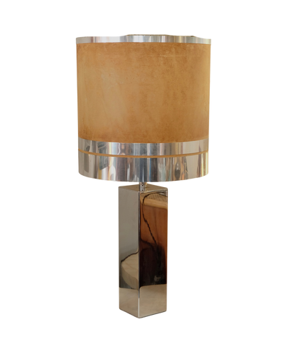 CHROME PILLAR TABLE LAMP w. BANDED AGED SHADE