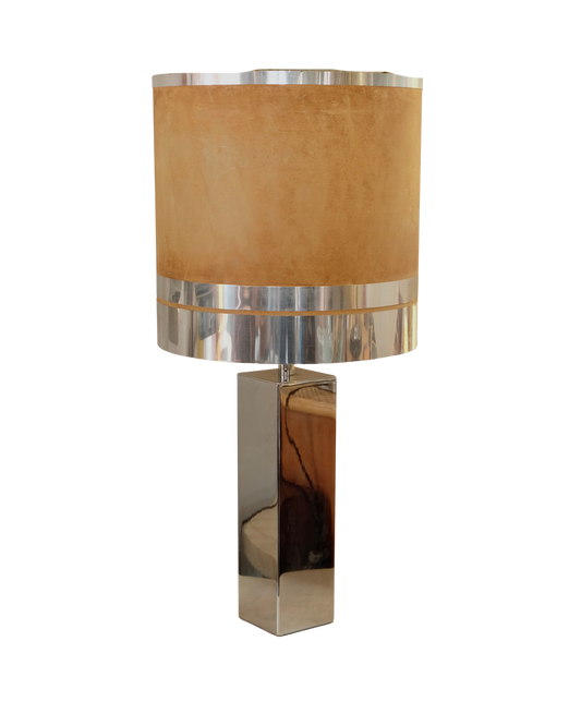 CHROME PILLAR TABLE LAMP w. BANDED AGED SHADE