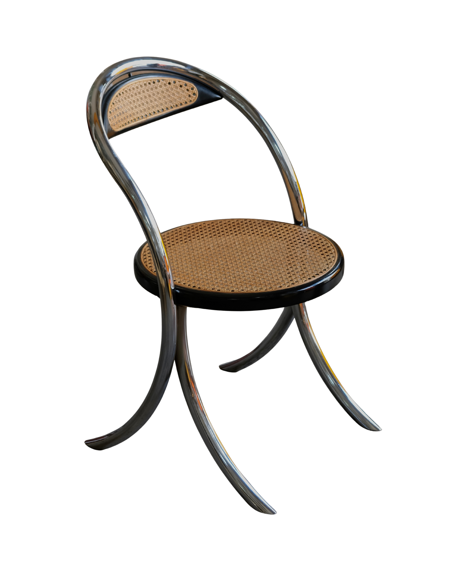 SET OF EIGHT CURVED CHROME & RATTAN CHAIRS