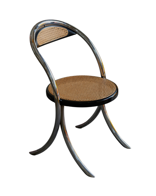 SET OF EIGHT CURVED CHROME & RATTAN CHAIRS