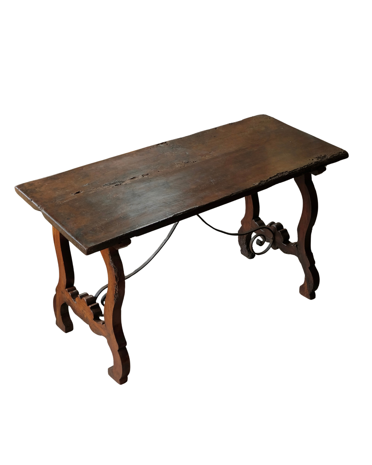SMALL HAND CARVED SPANISH CONSOLE w. CURL IRON BRACE