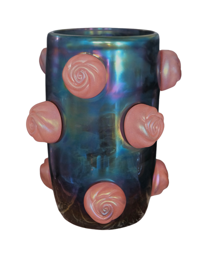 DARK BLUE IRIDESCENT MURANO VASE w. APPLIED PINK SWIRLS