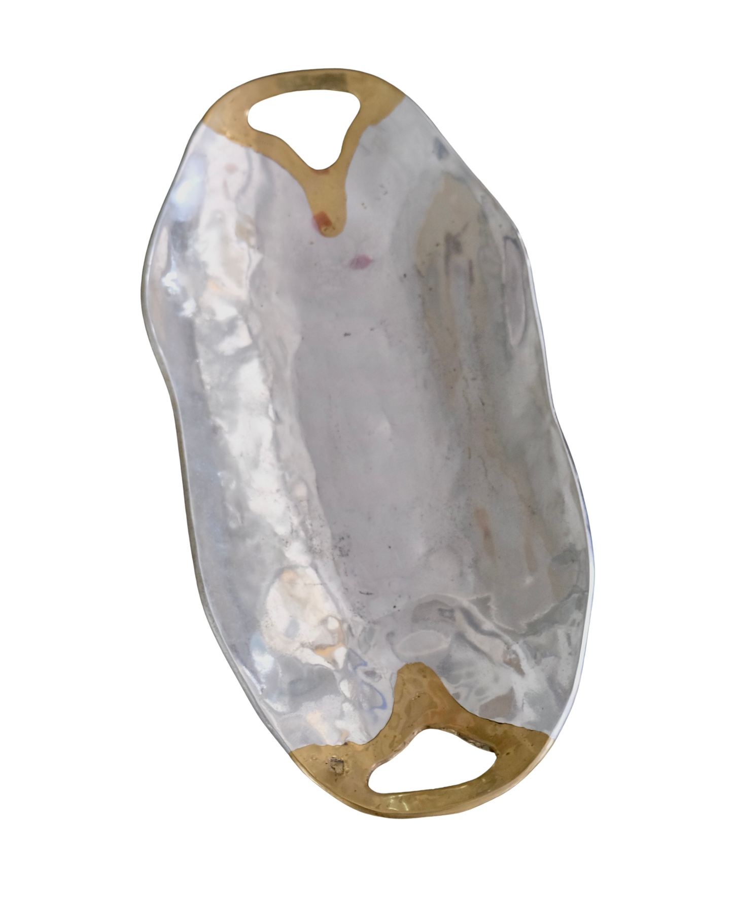 PAIR OF ABSTRACT CAST ALUMINIUM TRAYS w. BRASS HANDLES