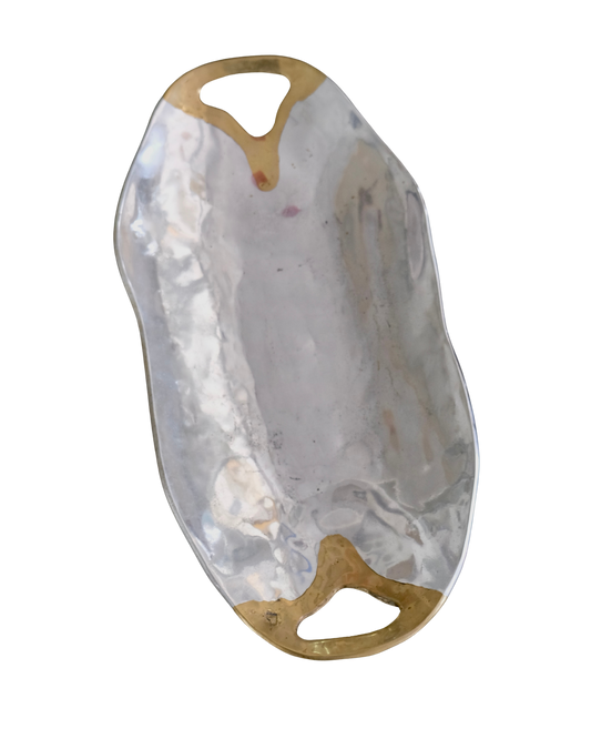 PAIR OF ABSTRACT CAST ALUMINIUM TRAYS w. BRASS HANDLES