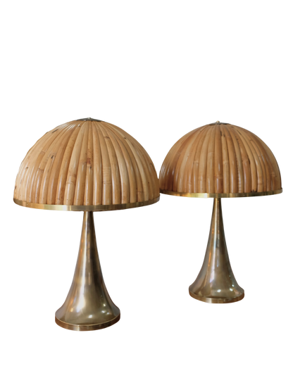 TAPERED BRASS TABLE LAMPS w. BAMBOO SHADE