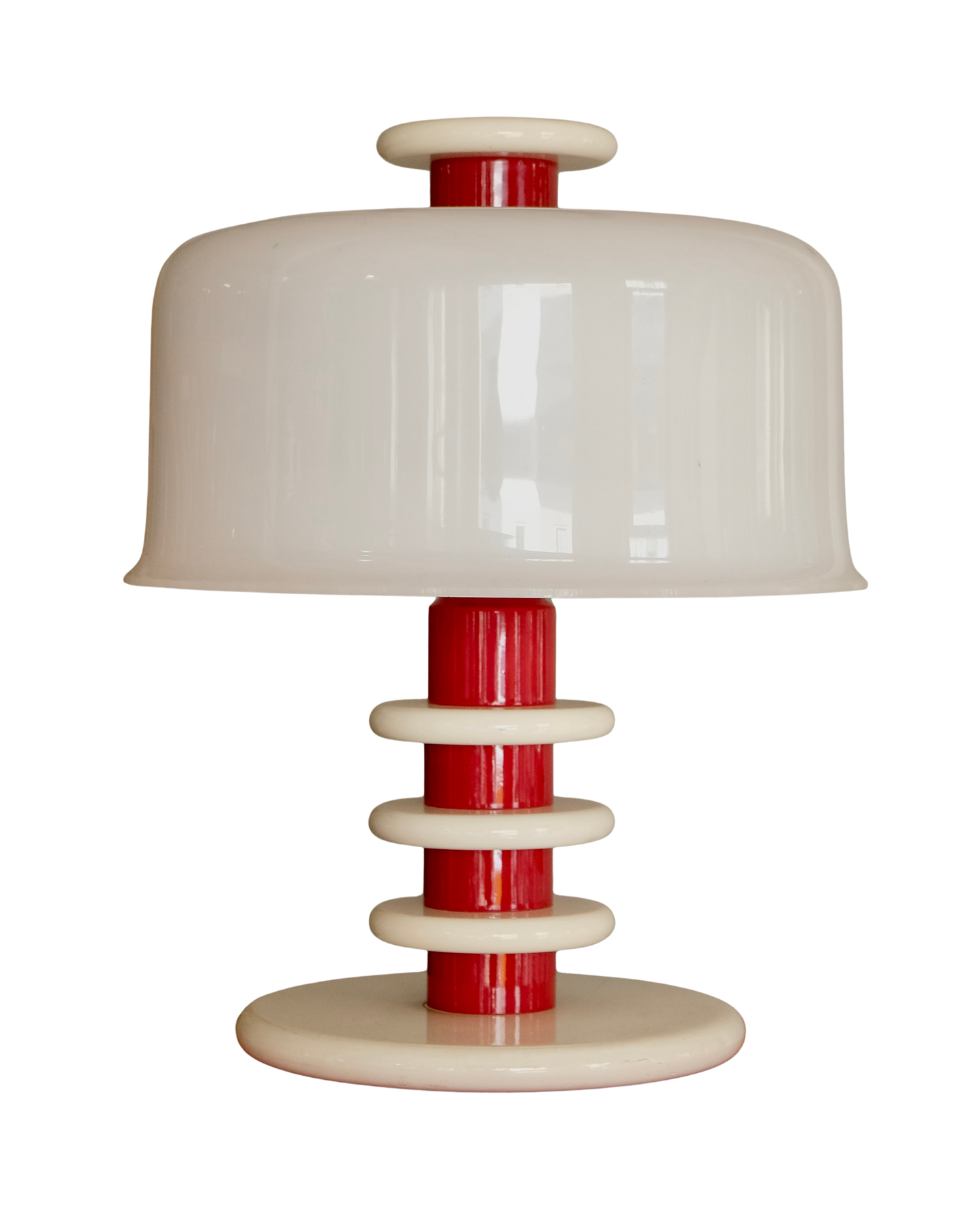 RED & WHITE TURNED TIMBER TABLE LAMP w. PLEXIGLASS SHADE