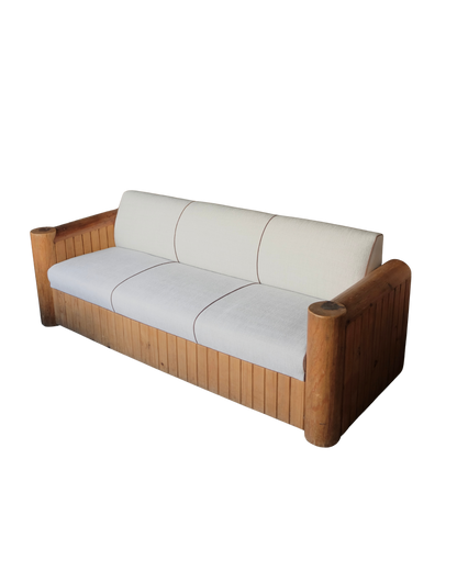TWO MEXICAN TIMBER LOUNGE SET w. MARIA FLORA ASH UPHOLSTERY