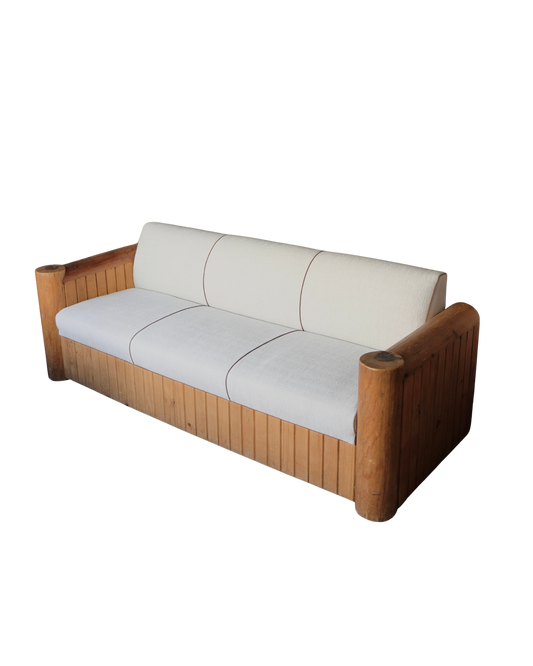TWO MEXICAN TIMBER LOUNGE SET w. MARIA FLORA ASH UPHOLSTERY