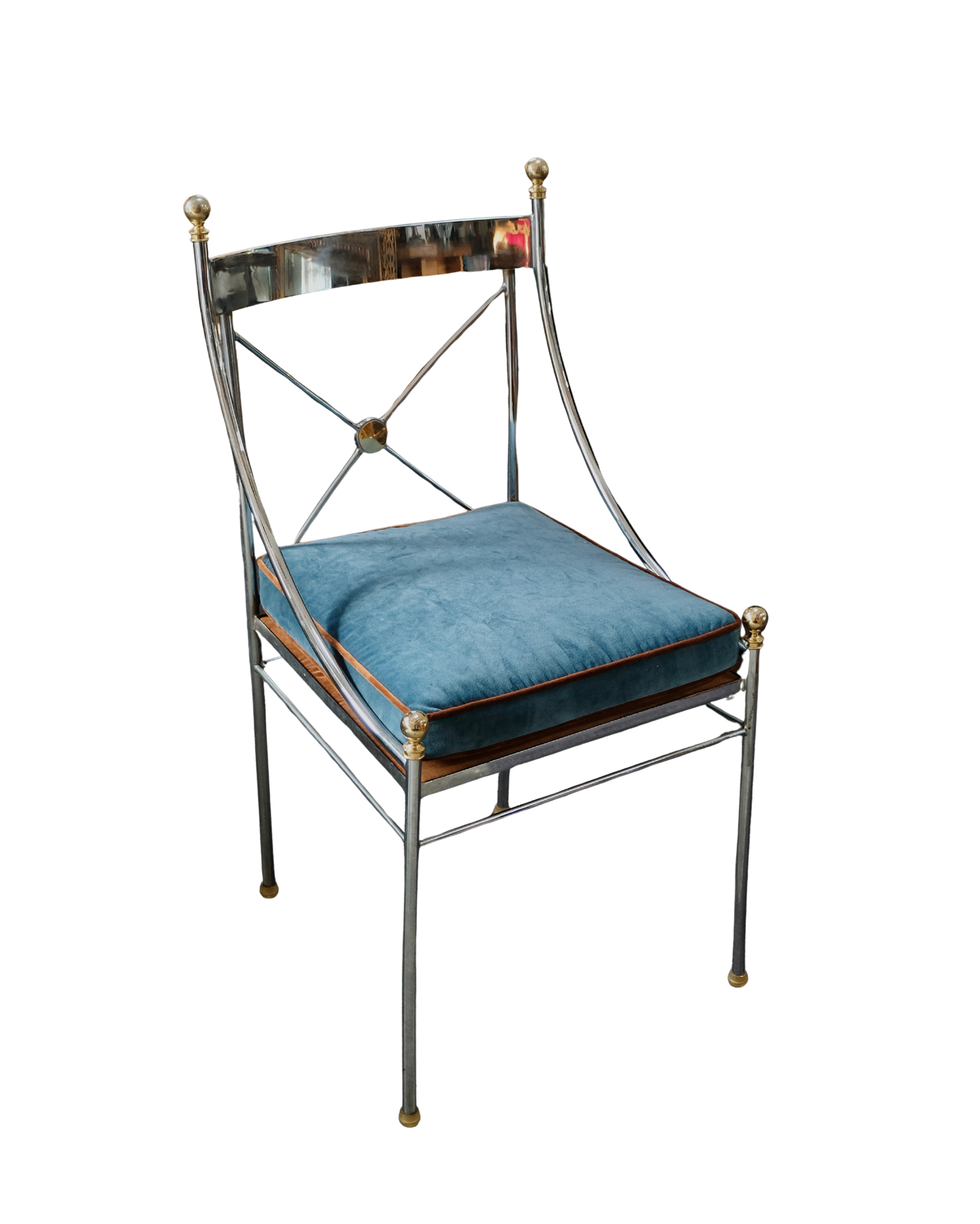 PAIR OF CHROME CROSS BACK DINING CHAIRS w. BRASS DETAIL