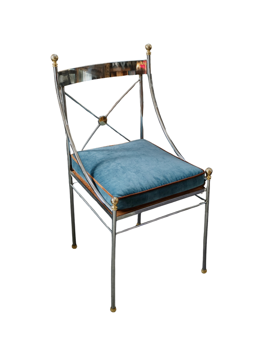 PAIR OF CHROME CROSS BACK DINING CHAIRS w. BRASS DETAIL