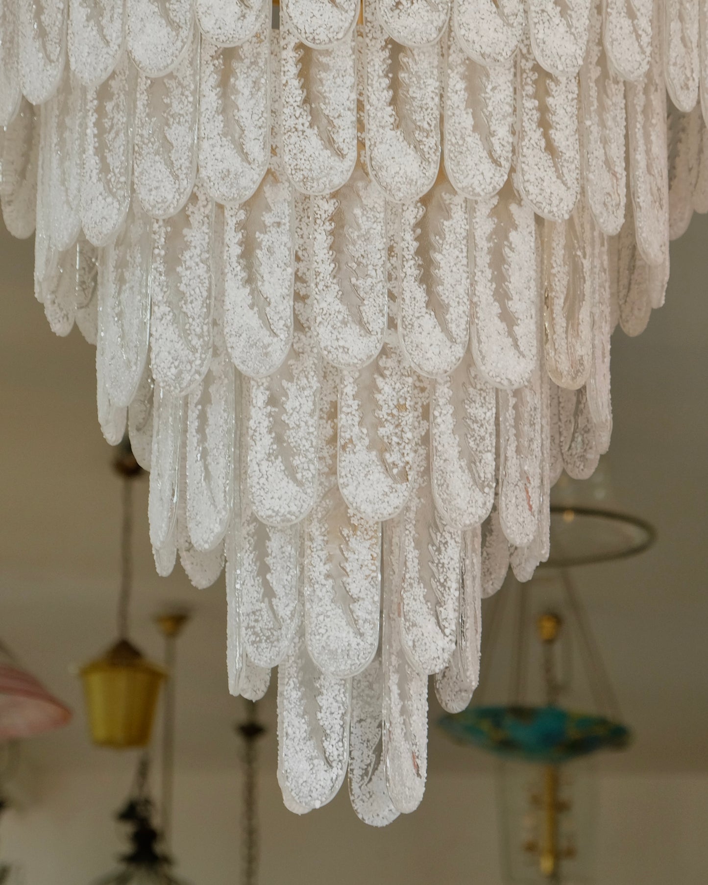 FROSTED SIX TEIR MURANO GLASS LEAF STENCIL CHANDELIER