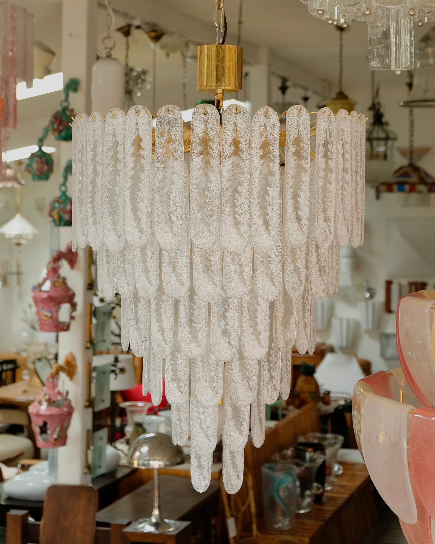 FROSTED SIX TEIR MURANO GLASS LEAF STENCIL CHANDELIER