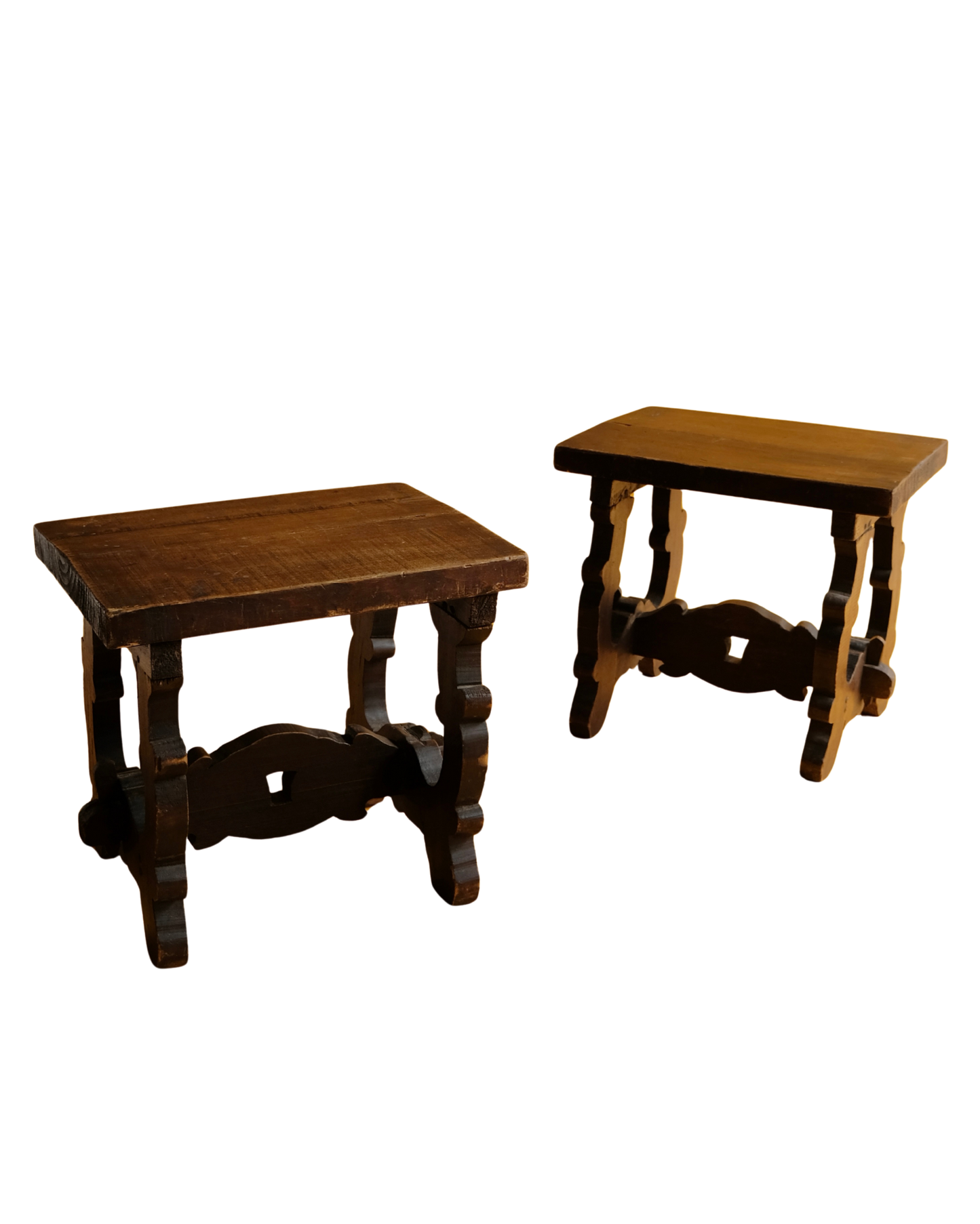 PAIR OF INTERLOCKING SPANISH WALNUT SIDE TABLES
