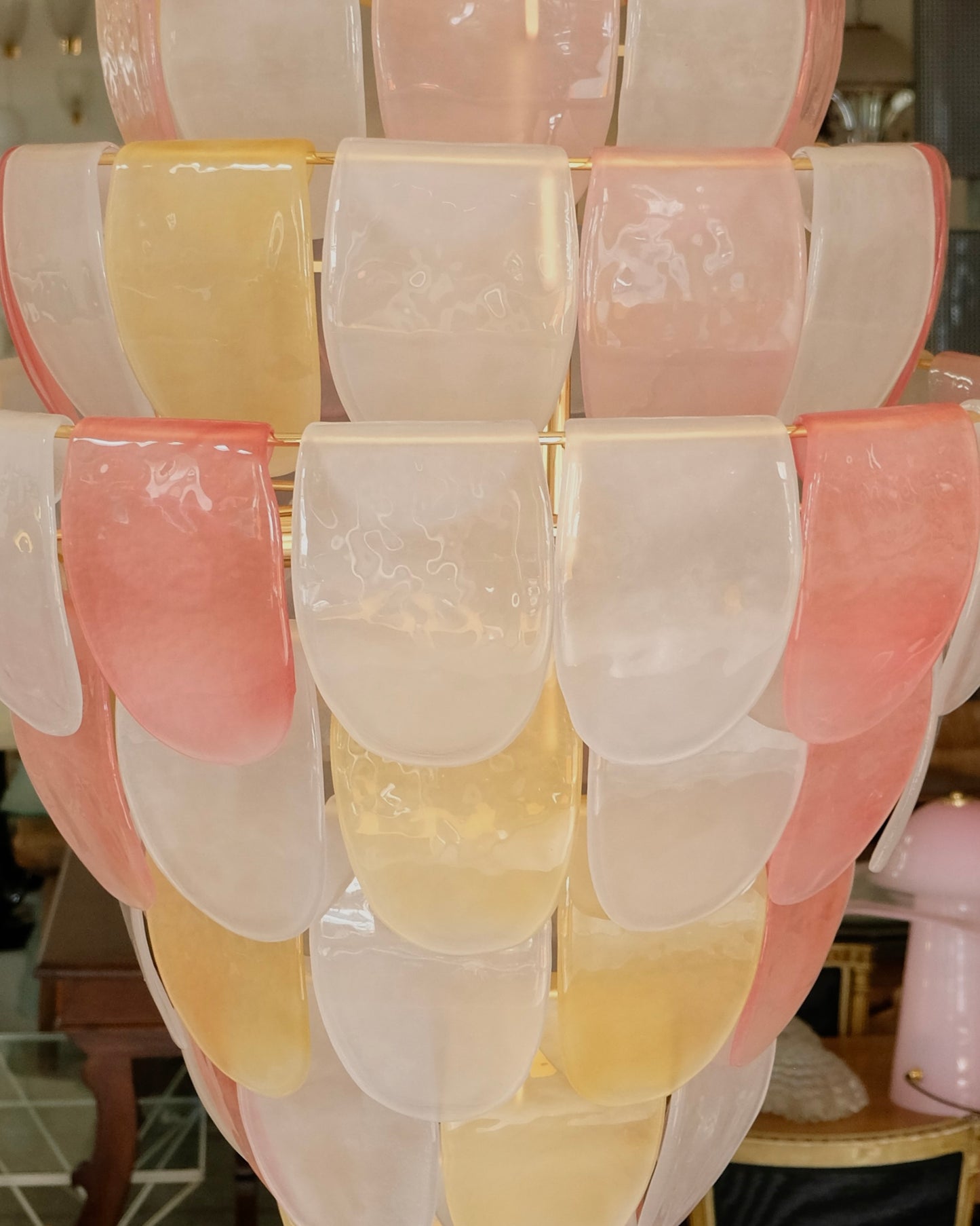 SANDED PINK & AMBER NINE TIER MURANO GLASS CHANDELIER