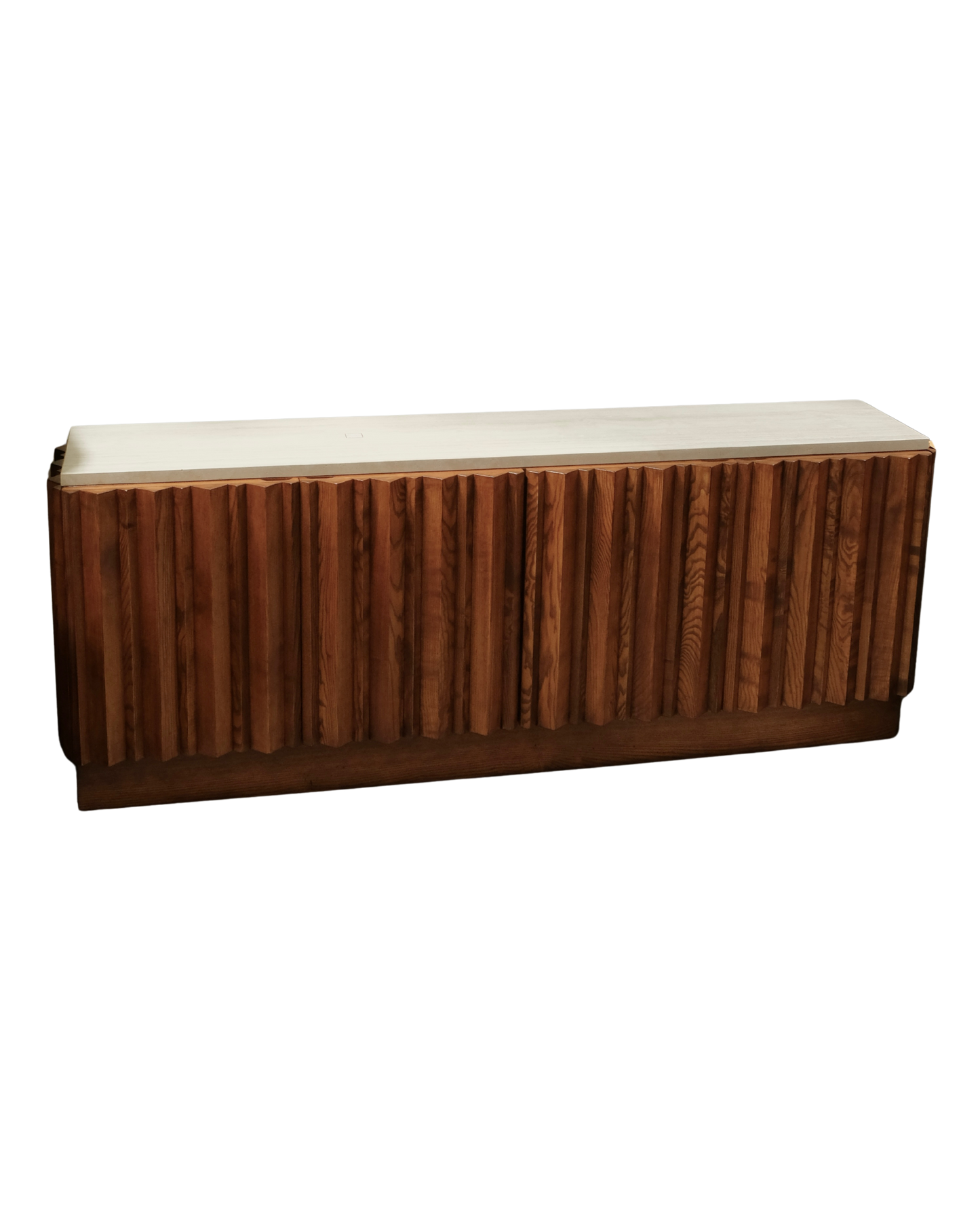MODERNIST TEAK LINED CONSOLE w. TRAVERTINE TOP