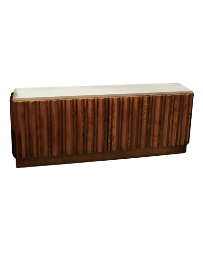 MODERNIST TEAK LINED CONSOLE w. TRAVERTINE TOP