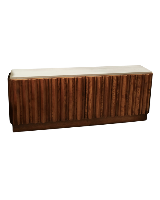 MODERNIST TEAK LINED CONSOLE w. TRAVERTINE TOP