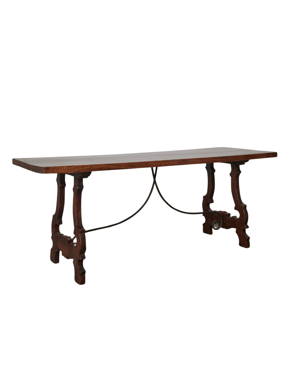 SPANISH WALNUT DINING TABLE w. WROUGHT IRON STRETCHER