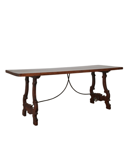 SPANISH WALNUT DINING TABLE w. WROUGHT IRON STRETCHER