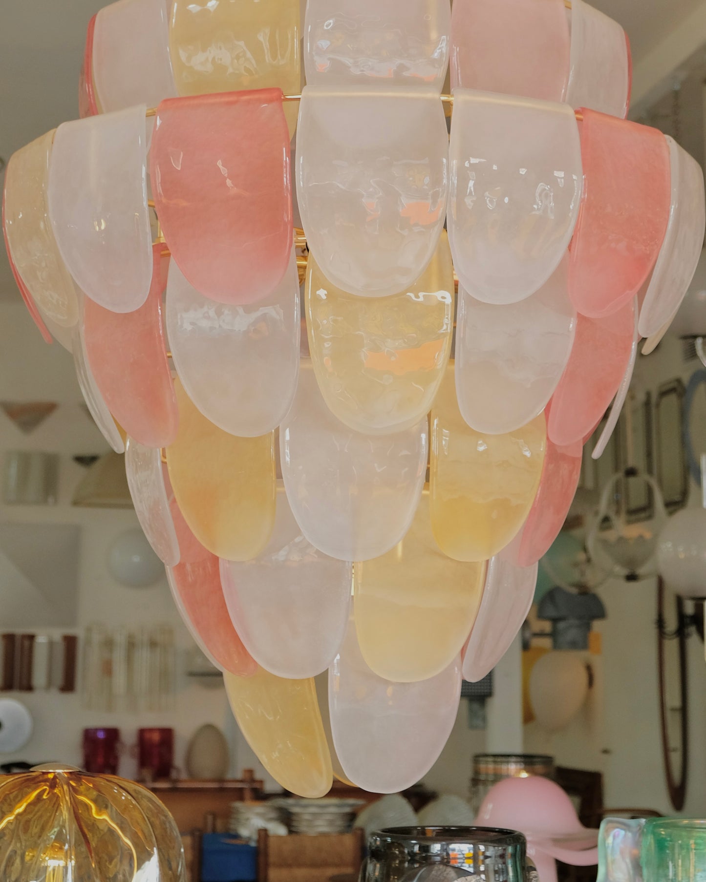 SANDED PINK & AMBER NINE TIER MURANO GLASS CHANDELIER