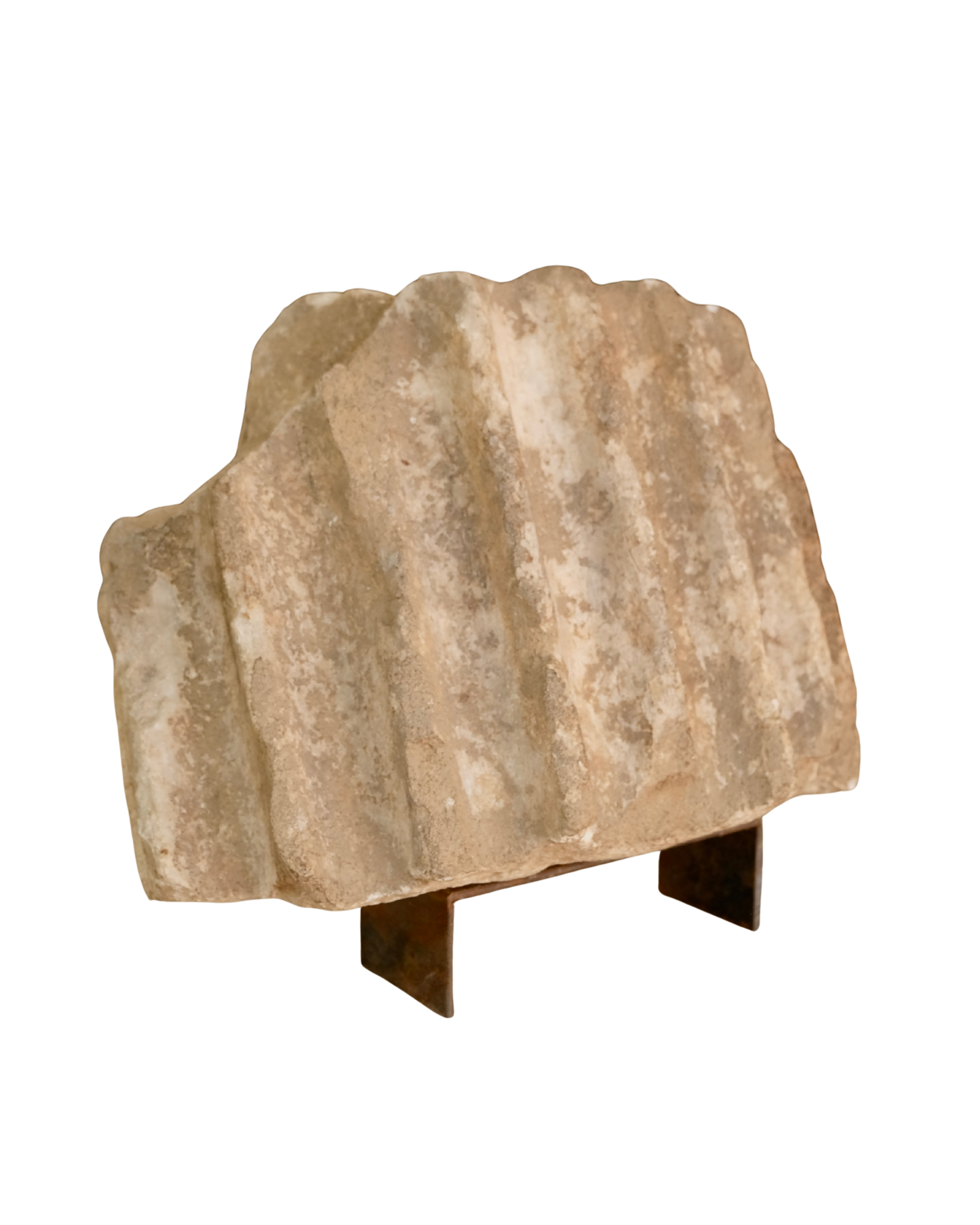CARVED STONE FRAGMENT w. CURLED WROUGHT IRON STAND