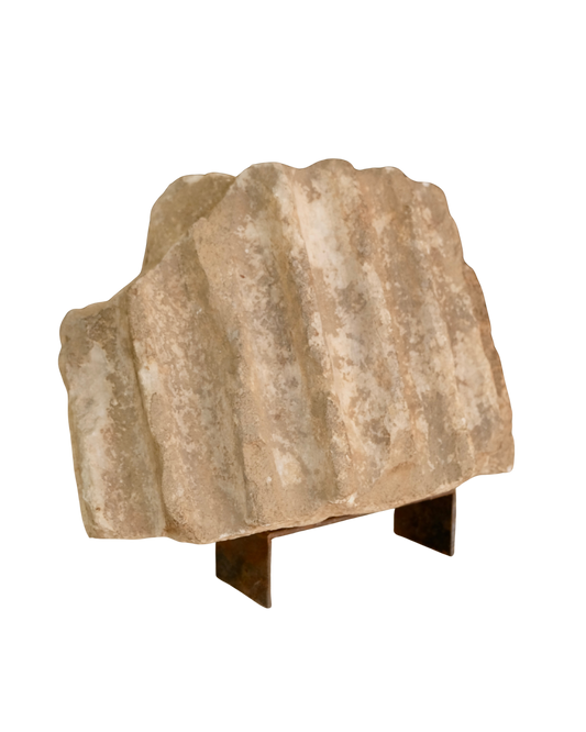 CARVED STONE FRAGMENT w. CURLED WROUGHT IRON STAND