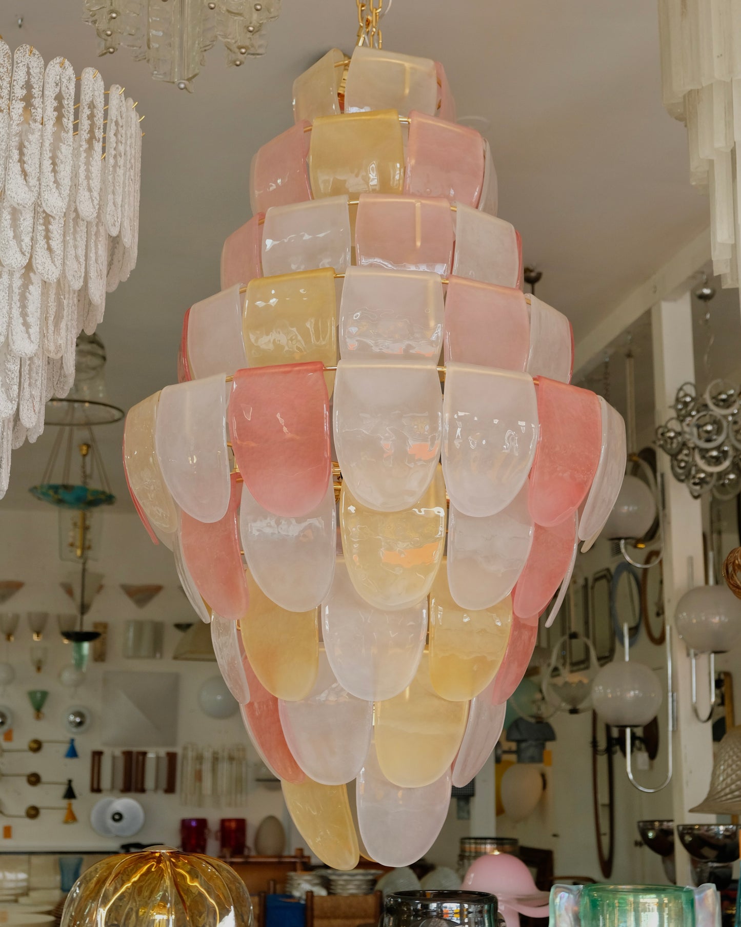 SANDED PINK & AMBER NINE TIER MURANO GLASS CHANDELIER