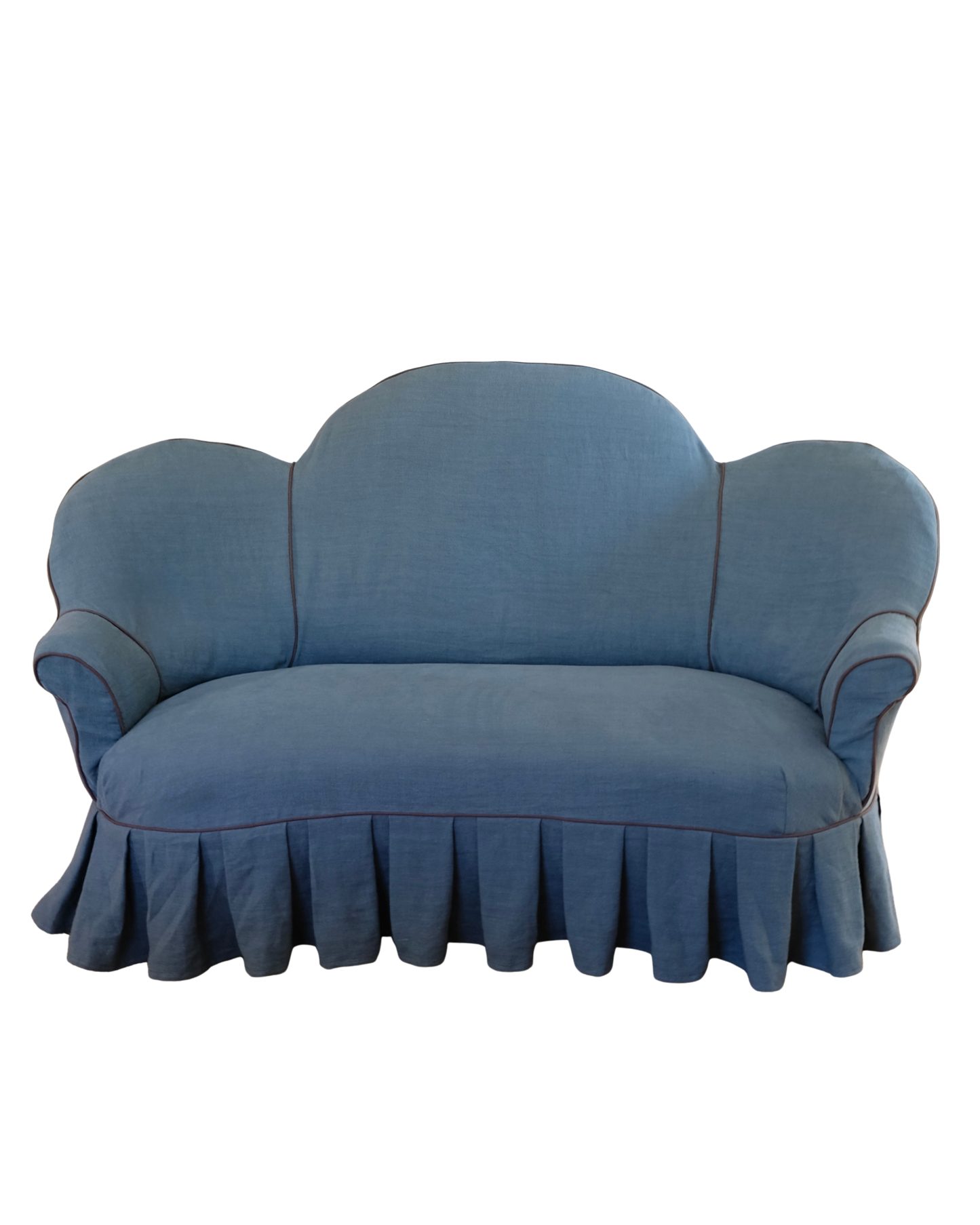 PLEATED BLUE LINEN SETTE w. BROWN PIPING