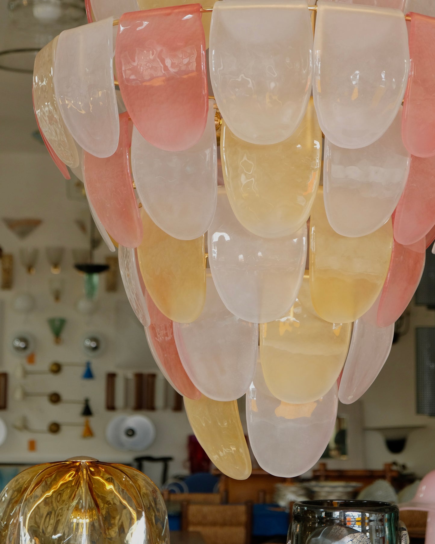 SANDED PINK & AMBER NINE TIER MURANO GLASS CHANDELIER