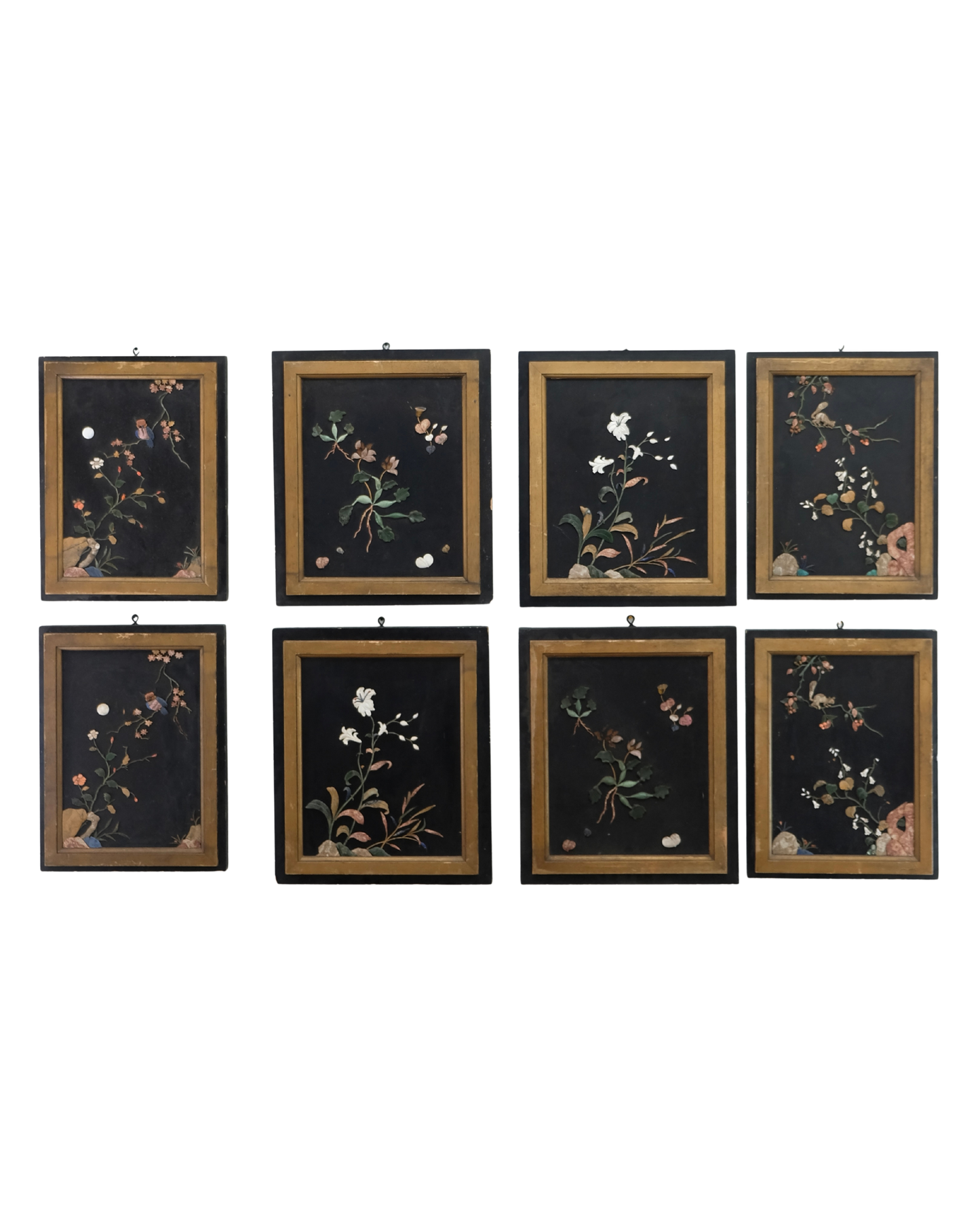 SET OF EIGHT HAND PAINTED CHINOISERIE FLORAL ARTWORKS