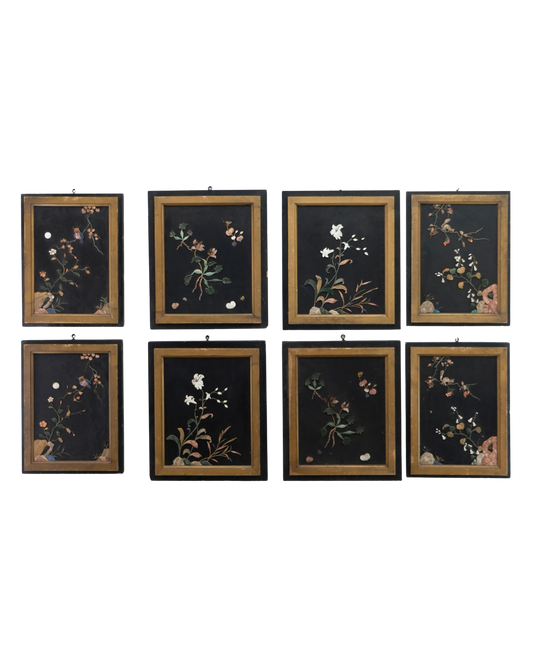 SET OF EIGHT HAND PAINTED CHINOISERIE FLORAL ARTWORKS