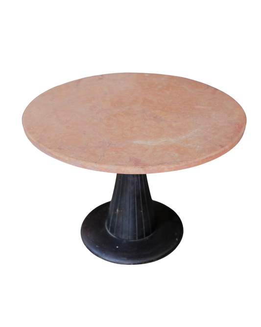 MARBLE PEDESTAL COFFEE TABLE w. EBONIZED BASE