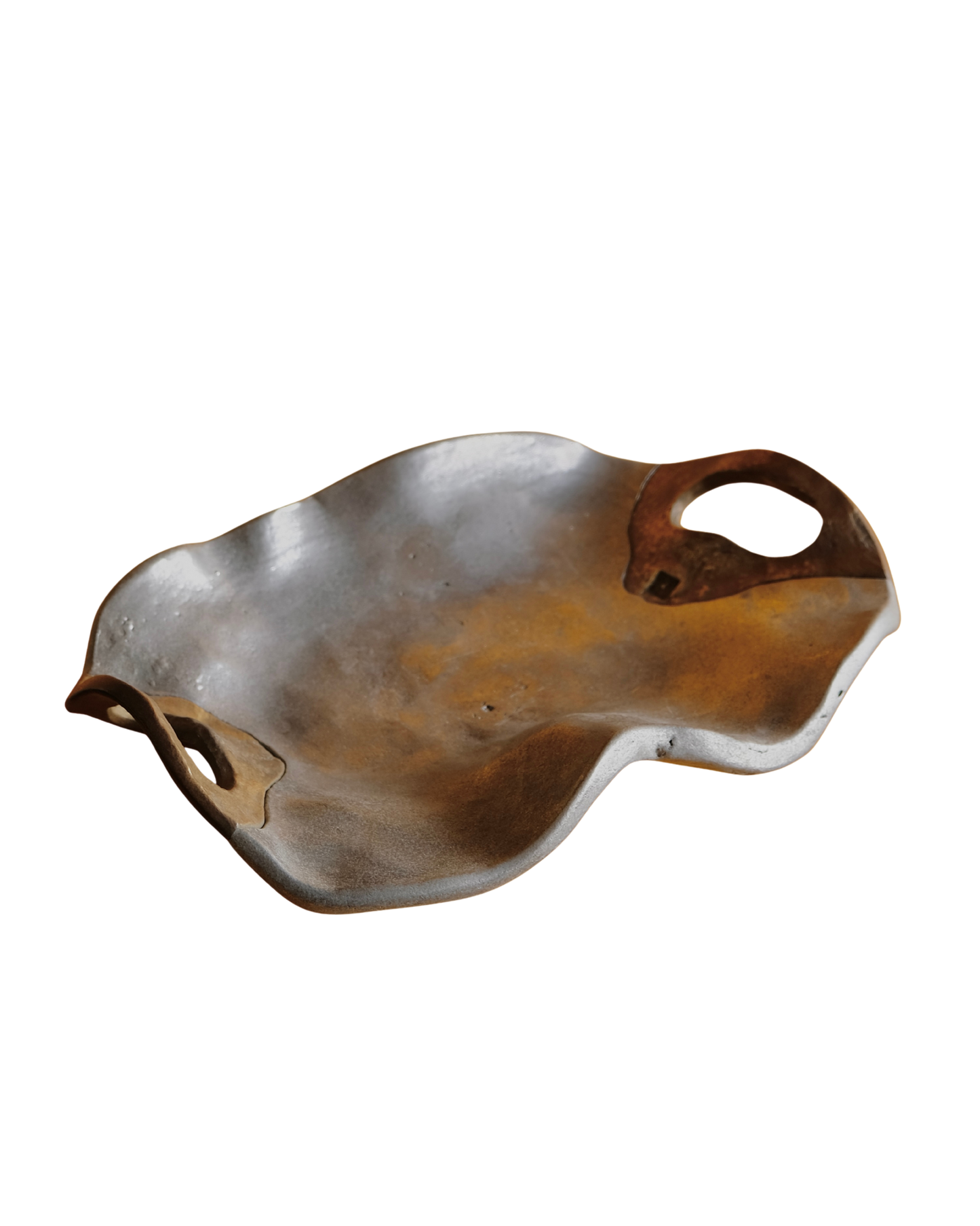 ABSTRACT CAST ALUMINIUM TRAY w. TRIANGULAR BRASS HANDLES