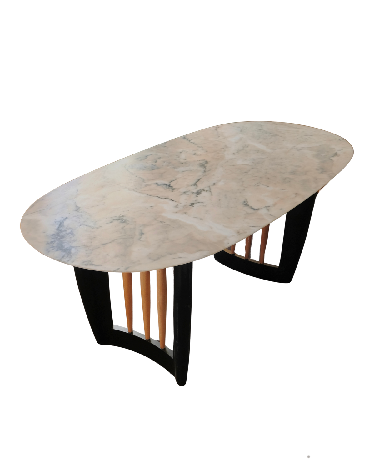 MODERNIST MARBLE DINING TABLE w. SLATED OAK LEGS