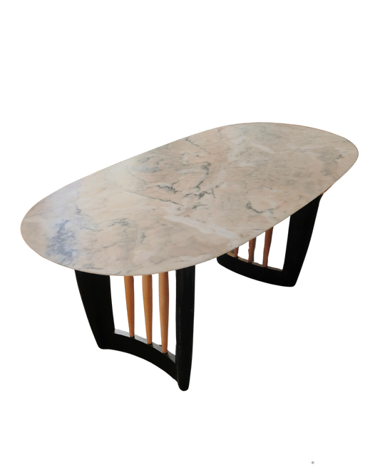 MODERNIST MARBLE DINING TABLE w. SLATED OAK LEGS