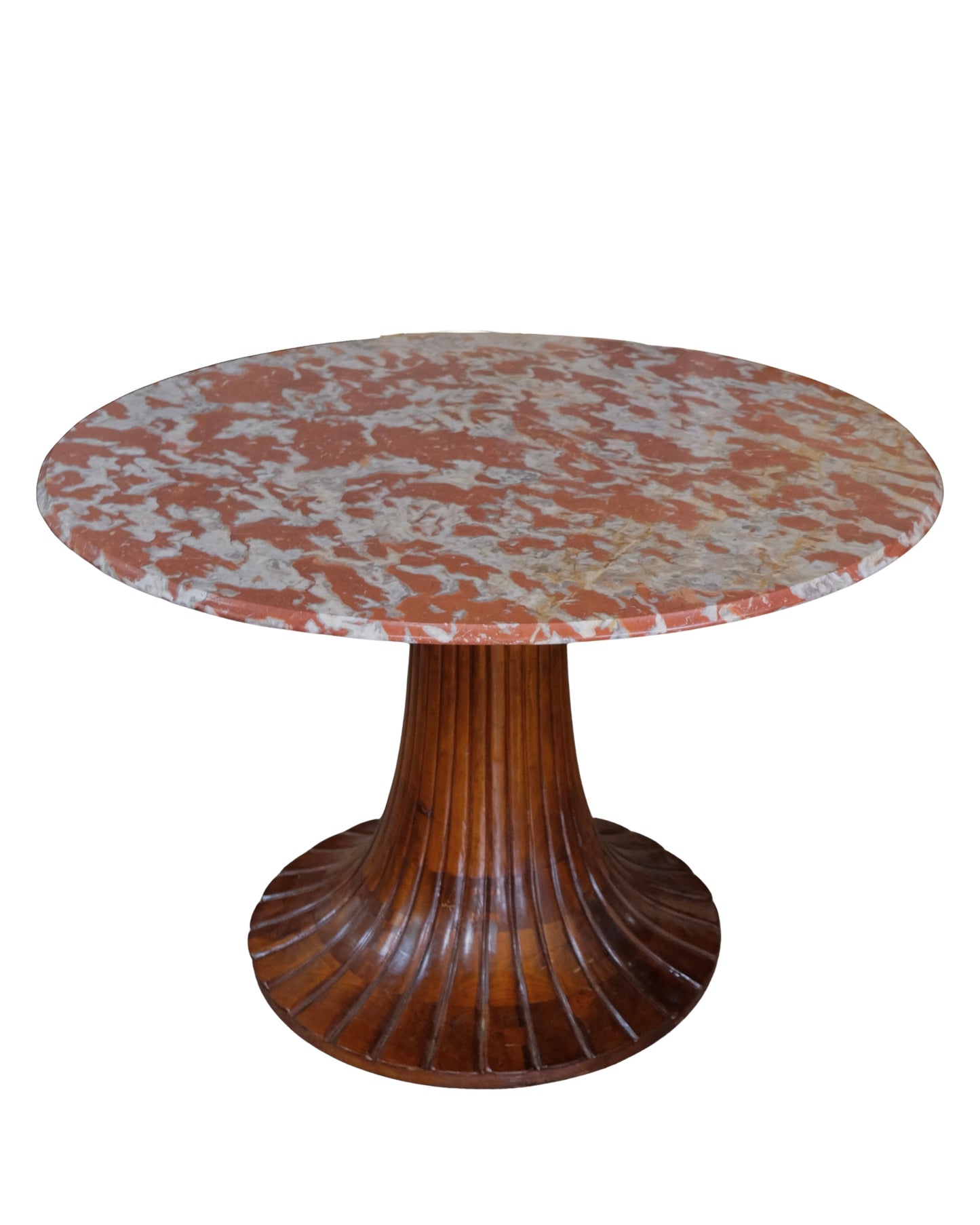 WALNUT PEDESTAL TABLE w. ROSSO LEVANTO MARBLE TOP