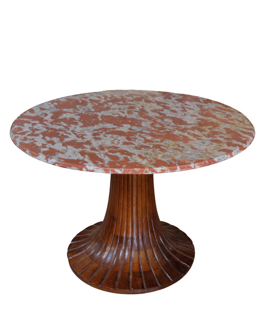 WALNUT PEDESTAL TABLE w. ROSSO LEVANTO MARBLE TOP